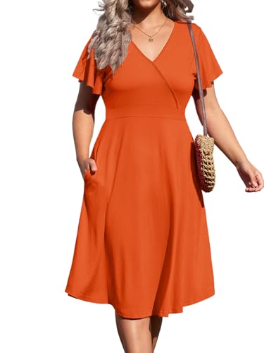 Image of Women's Plus Size Summer Dresses V Neck Ruffle Short Sleeve Casual Wrap A Line Midi Dress with Pockets