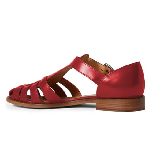 FSJ Women Retro Closed Toe Flats Sandals Low Block Heel Woven Roman Ankle Strap Hollow Caged Summer Fisherman Sandals Shoes Size 4-16 US3