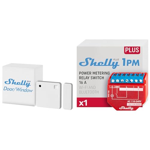 Shelly Blu Door/Window Weiß | Bluetooth betriebener Tür- & Fenstersensor & Plus 1PM | WLAN & Bluetooth Relais Schalter mit Strommessung
