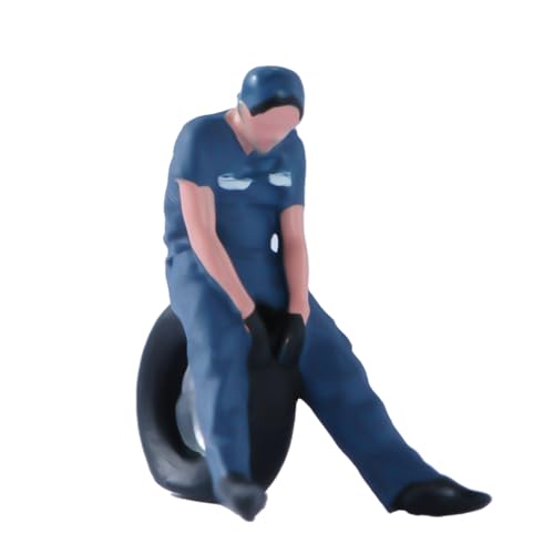 ORIELOAN 1/64 Scale Garage Mechanic Check Figure, Auto Repairing Man Garageman Figurine, Miniature Automobile Mechanic Man in Navy Uniform Toy Figure (Sit on tire to Rest)