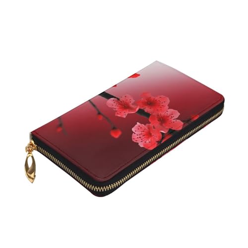 Red Cherry Blossom Wallet for Men Women Long Purse Leather Clutch Large Business Handbag Travel Phone Holder Credit Card Holder Money Case with Zipper Leather Wallets Gift3