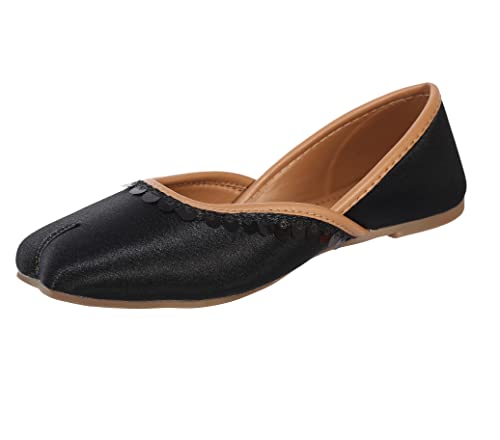 Image of Pluxh Women's Ethnic Jutti Shoes | Shiny Finish Mojari with Sequin Border | Soft Cushioned Slip-On Flats for Casual