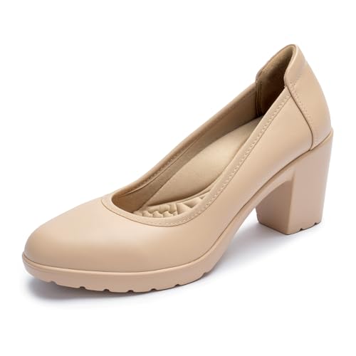 Nude Heels for Women with Arch Support, Chunky Closed Round Toe Block Platform Heel Pumps for Women, Comfortable Low Heel Work Dress Shoes Size 11