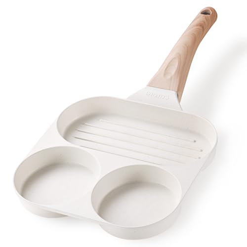 CAROTE Egg Pan Omelette Pan, 3-In-1 Divided Nonstick Grill Pan, Pancake Pan and Healthy Egg CookerSuitable for Gas Stove & Induction Cookware, White Granite