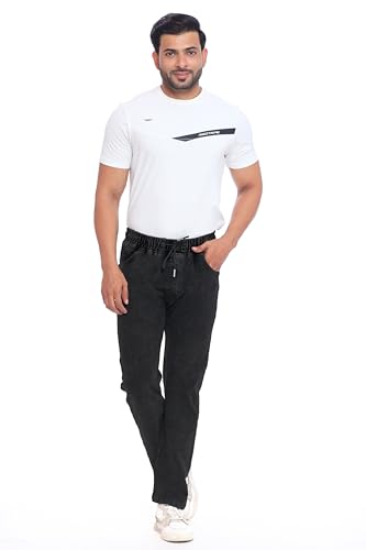 Image of Men's Denim Joggers, Regular Fit, Mid Rise, Stretchable Cotton Blend, Drawstring Waist, Soft Fabric, Multiple Pockets, Tapered Leg Casual Pants