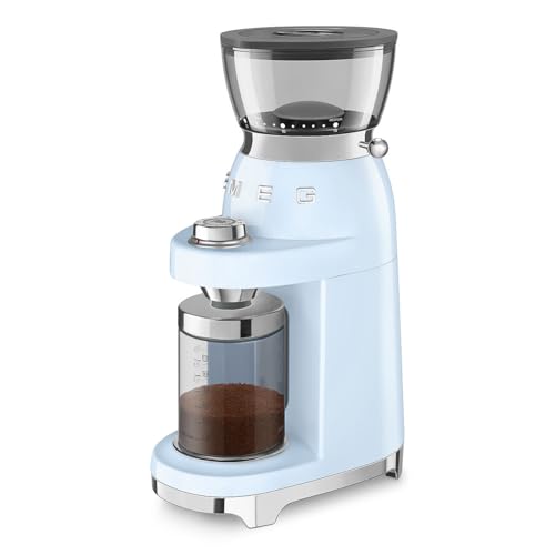 Image of SMEG CGF03 Burr Coffee Grinder, Electric Conical Burr Grinder with 15 Grind Settings, 8 Presets, 240g Bean Hopper, Espresso, Moka & Drip Coffee Grinder, 50's Retro Style (Pastel Blue)