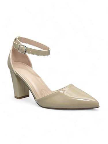 ABSOLEX Women's Pointy-Toe D'Orsay Ankle Strap Block Heel Dress Pump