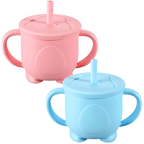 2 Pieces Baby Silicone Sippy Cup Penguin Silicone Baby Cup Toddler Training Cup Leak-Proof Trainer Straw Cup with 2 Handles for 6 Month Baby, 1 Year Toddler, Non-BPA (Blue and Pink)