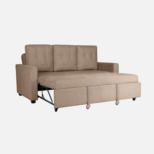 Image of Duroflex Ease - Wood 3 Seater Sofa Cum Bed with Pullout Mechanism, Plaster Brown Finish, 3-Person Sofa