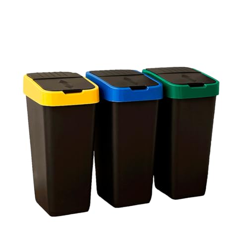 Acomoda Textil – Papelera de Reciclaje con Tapa Abatible. Set de 3 Unidades en Amarillo, Azul y Verde. Contenedor de Plástico Resistente para Separación de Residuos en Hogar, Oficina. (3 Ud de 35L)