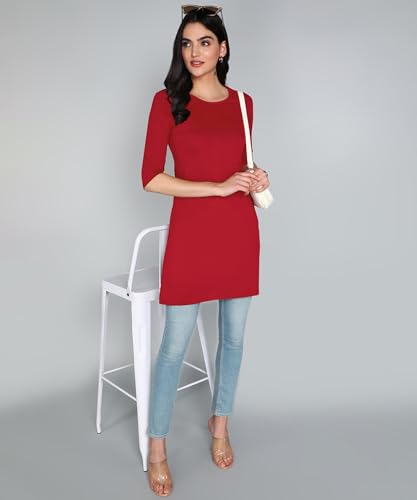 Image of FLEXIMAA Women's Cotton Plain Round Neck 3 /4 Sleeve Long Top