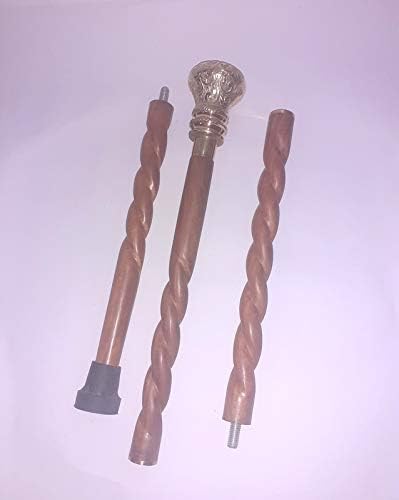 Brass Walking Stick Head Handle knob Wooden Shaft Cane Spiral Three fold
