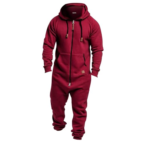 Mens Hooded Zip Up Jumpsuit Onesie, Adult Unisex One Piece Pajamas Playsuit, Jogger Sweatsuit Overall Romper
