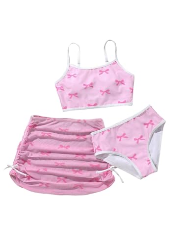 Image of MakeMeChic Girl's 3 Piece Bikini Set Bow Swimsuit Spaghetti Strap Cute Bathing Suit with Ruched Cover Up Skirt Pink A 10Y
