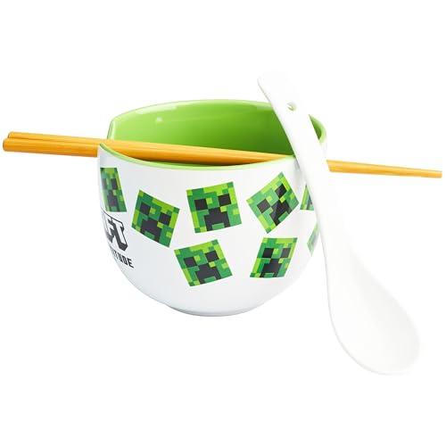 Get Trend Minecraft Bol Ramen 600ml con Palillos y Cuchara, Juego 3 Piezas Cuencos Ceramica Japonés para Sopa Fideos Noodles, Vajilla Hogar y Cocina (Multi Minecraft)