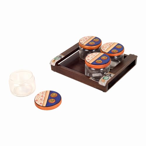 Image of AAKRITI ART CREATIONS Artisan Munch Tray S04 Jars | Handcrafted Dhokra Brass Storage Jars| Kitchen Decoration Items Stylish Tray & Jars| Airtight Kitchen Jars with Wooden
