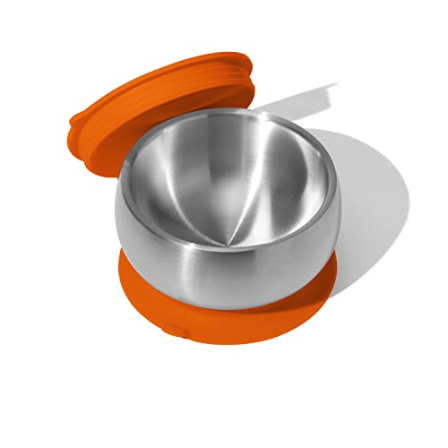 Image of Avanchy Baby Bowls with Suction and Storage Lids Set. Babies Kids Toddler Boys Girl First Food Feeding. Fits Feeding High Chair Table. Stainless Steel, Orange