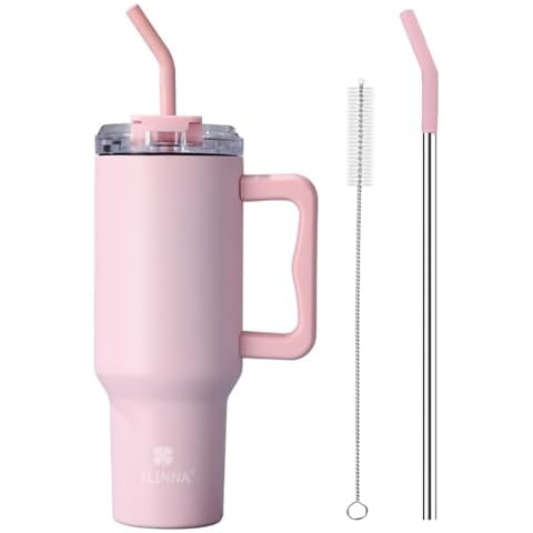 TLINNA Stainless Steel Vacuum Insulated Tumbler with Lid and Straw for Water, Iced Tea or Coffee, Smoothie and More (Pink, 40 oz) Cover