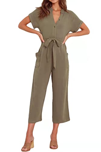 MZSYLK Damen Casual Playsuits Kurzarm Button Down Jumpsuits Elegant V Neck Baggy Belted Romper with Pockets, Army Grün, 36, S Cover
