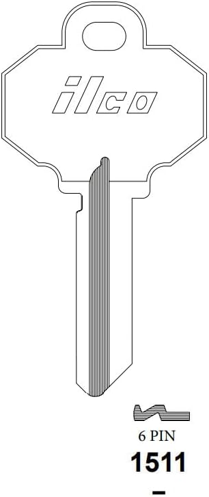 Line drawing of an Ilco key blank, showing the 'ilco' logo on the bow and '6 PIN 1511' below the blade profile.