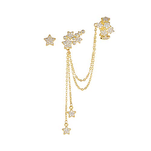 CZ Starry Star Ear Cuff Wrap Clip On 925 Sterling Silver Stud Long Chain Climbers Crawler Tassel Dangle Drop Asymmetric Earrings for Women Girls Hypoallergenic Gifts Bff (gold)