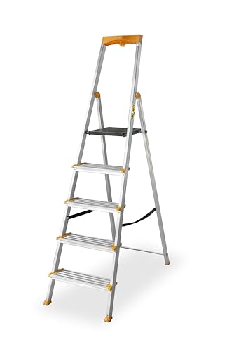 DRABEST Escabeau 5 Marches Pliable - Échelle en Aluminium - Escabeau Pliant avec Porte-Outils et Marches Extra Larges 120 mm avec Surface Antidérapante - Capacité de...