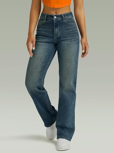 Image of FUNUCA Straight Leg Jeans for Women,High Waisted Wide Leg Loose Microelastic Boyfriend Denim Pants