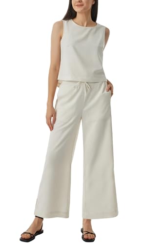 AFITNE Two piece Outfits for Women Summer 2 Piece Sets Linen Crop Tank Top and Wide Leg Pants Matching Sets Clothing Vacation Lounge Jumpsuits 2024 Spring Fashion Trendy Clothes Beige XL 28