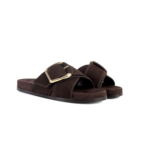 Image of Flat Sandals for Women Cross Buckle Straps Slides Slip-On Comfortable Summer Vacation Beach Sandals