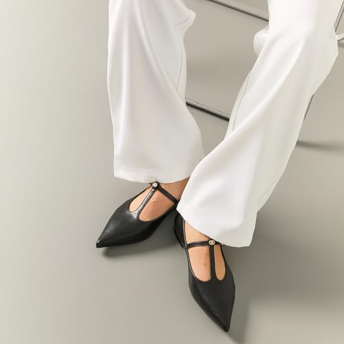 CouieCuies Mary Jane Flats for Women Comfort Ballet Flat T Strap Pointed Toe Dressy Shoes Black Pointed Toe Flats Office Elegant Maryjanes3