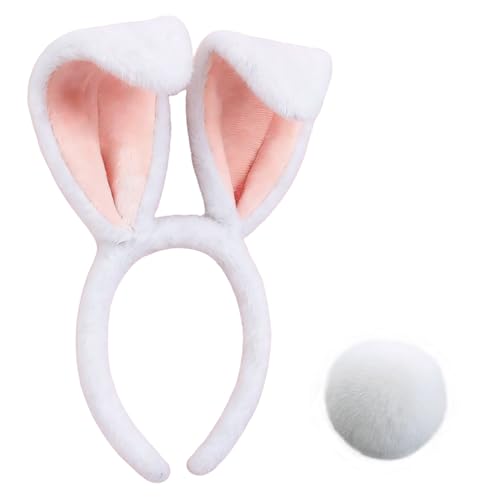 MSUNXIKGY Easter Bunny Ears Headband Fluffy Tail Set White Bunny Ears and Tail for Easter Party Costume Accessory