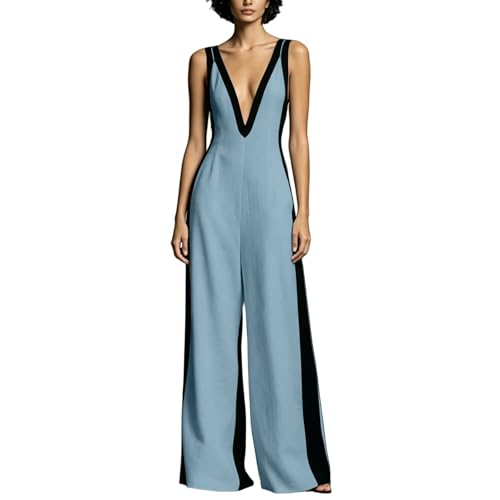 Enterizos de moda para mujer con cuello en V profundo y piernas anchas para el trabajo azul claro
