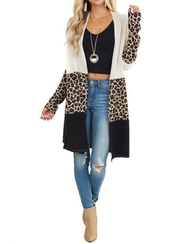 Lacozy Women Color Block Cardigan Open Front Long Sweater Shirt Leopard Print Large