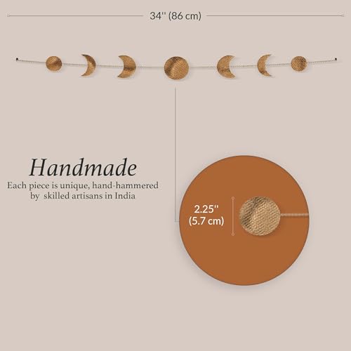 BASE ROOTS Moon Phase, Gold Wall Decor for Bedroom & Living Room, Bohemian Wall Decor, Handmade Hammered Metal 34" 7 Phases Moon, Celestial Wall Art, Gift for Women & Kids