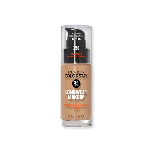 REVLON - ColorStay Base de Maquillaje SPF 15, con Vitamina E, Cobertura Media-Alta, Larga Duración, Acabado Mate, Resistente al Agua, para Piel Mixta-Grasa, Tono 350, Rich Tan - 30 ml