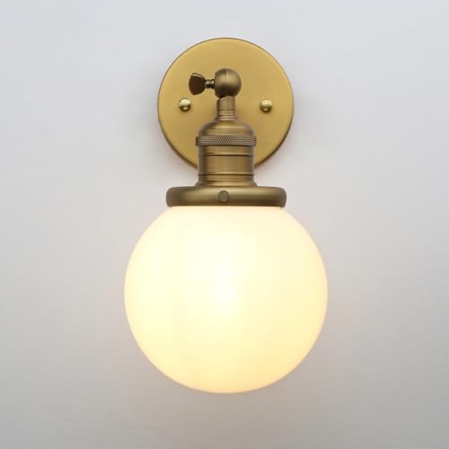 Image of Phansthy 1-Light Wall Sconce, Brass Boho Bathroom Vanity Light, Modern Wall Light with Globe Glass Shade E26 Base, Adjustable Wall Lighting Fixtures for Bedroom, Living Room (Antique, White Shade)