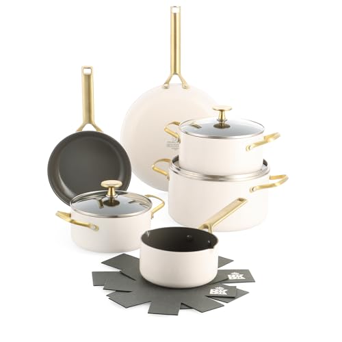 BK Sublime Keramikbeschichtetes Induktions-Kochgeschirrset 11-teilig, Töpfe & Pfannen mit Deckeln, Bratpfanne, Topf, Pfannenschoner, PFAS-frei, Edelstahlgriffe, Backofen- &Sspülmaschinenfest,Cremeweiß