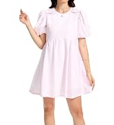 HOULENGS Women's Summer Striped Puff Sleeve Babydoll Mini Dress Casual Bow Tie A-line Short Dress...