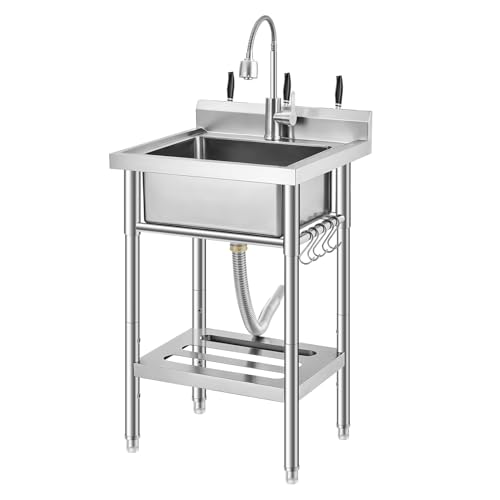 Image of Garvee Stainless Steel Utility Sink with Faucet & Storage Shelf, 304 Single Bowl Freestanding Sink with Adjustable Legs, S-Hooks, Hot & Cold Water Pipes for Kitchen, Laundry, Garage, Farm, Outdoor Use