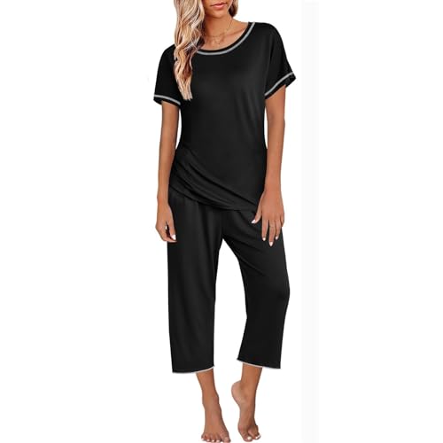 Lot-De-2-Pjs-Pyjamas-Femmes-Tenue-De-Nuit-T-Shirt-Manche-Courte-Pantalon-34-Ensemble-De-Pyjama-Femme-Taille-48-Grande-Taille-Pas-Cher-Sleepwear-Printemps-Ete-Pyjama