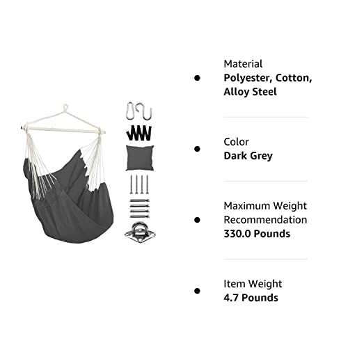 Dekool Hammock Chair Hanging Rope Swing, Detachable Steel Support Bar, Max 330 Lbs, Soft Durable Cotton Canvas, 1 Cushion And Hang Dark Grey Steel Spreader #TOP7