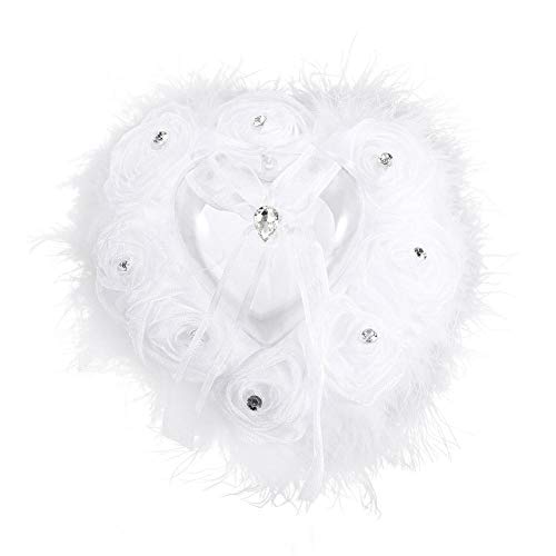 MAGT - Cojín para Boda, Color Rosa y brotes de Flores, Almohada de Anillo de Boda, en Forma de corazón, Rosa, cojín de Boda, Color Blanco