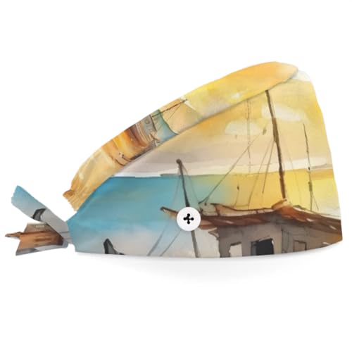 Mularoka Watercolor Boats Working Caps with Button Sweatband Comfortable Adjustable Bouffant Hats Work Hat for Women Men