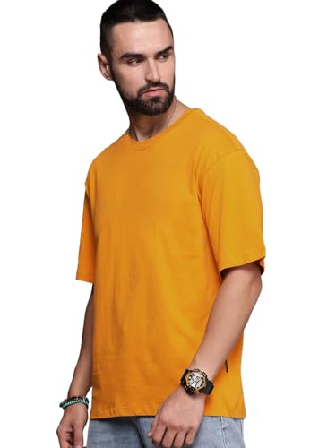Image of LEOTUDE Half Sleeve Oversized Tshirt for Men, Round Neck Cottonblend Drop Shoulder Solid T-Shirt (Color Multicolor)