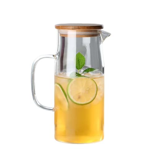 FeiFan 耐熱ガラス製麦茶ポット、ステンレス蓋付きガラスケトル、茶こし内蔵、冷蔵庫対応、冷茶を入れるための大型冷水ケトル (ストレートポット竹蓋,1000ml)