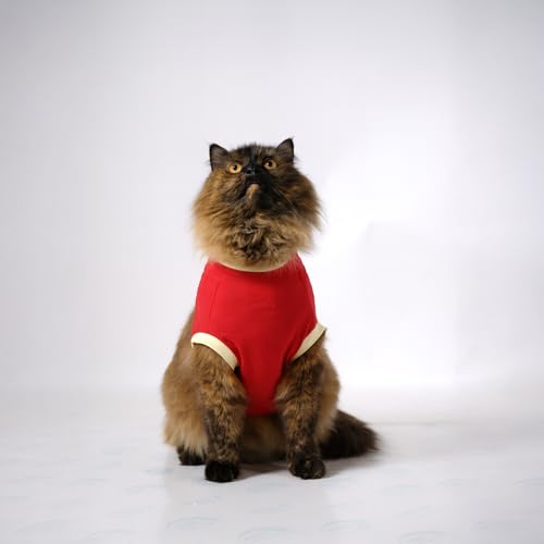 Image of Thunder Tails Printed Cat T-Shirt for Small to Large Cats & Kittens | Lightweight Breathable Cotton Pet Apparel | Cute & Stylish, Comfortable Round Neck Cat Clothes (M, Red)