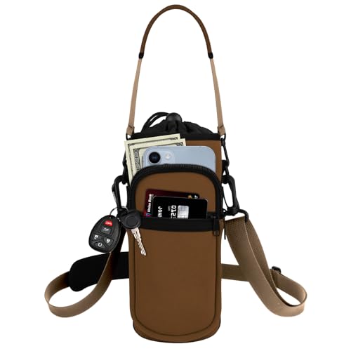 Image of Water Bottle Holder with Strap, Water Bottle Carrier Bag with Phone Pocket, Shoulder Hand Strap Insulated Neoprene 32 oz Water Bottle Sleeve for Walking Hiking Camping Gym(Coffee)