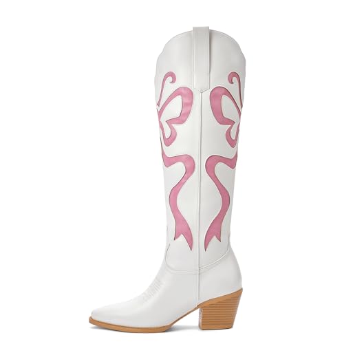Women's Cowboy Boots With Colorful Bows Embroidered White Knee-High Boots Fashion Almond Toe Chunky Heel Design