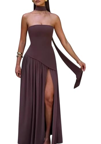 Famnbro Womens Tube Dress Strapless Sexy Off Shoulder Side Slit Going Out Casual Elegant Club Party Maxi Dresses