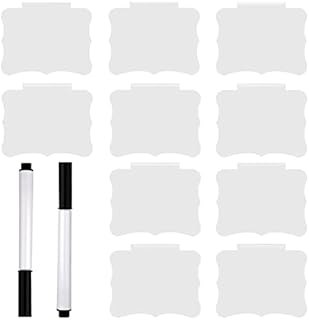 SAVITA 10pcs Removable PVC Labels, Basket Bin Label Clip Kitchen Cutlery Basket Label Clip with Two White Chalk Markers for Storage Bin Basket Box Hanging Bin Clip Labels (White Label, Black Pen)